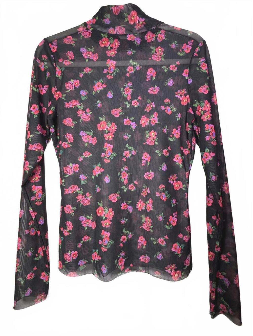 AFRM Kaylee Mesh Top L Black Pink Floral Sheer Turtleneck Long Sleeve